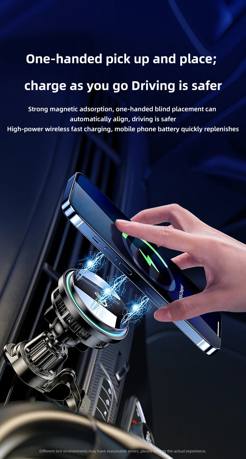 Magnetic wireless car phone charger with a sleek, black metallic design mounted on an air vent.
