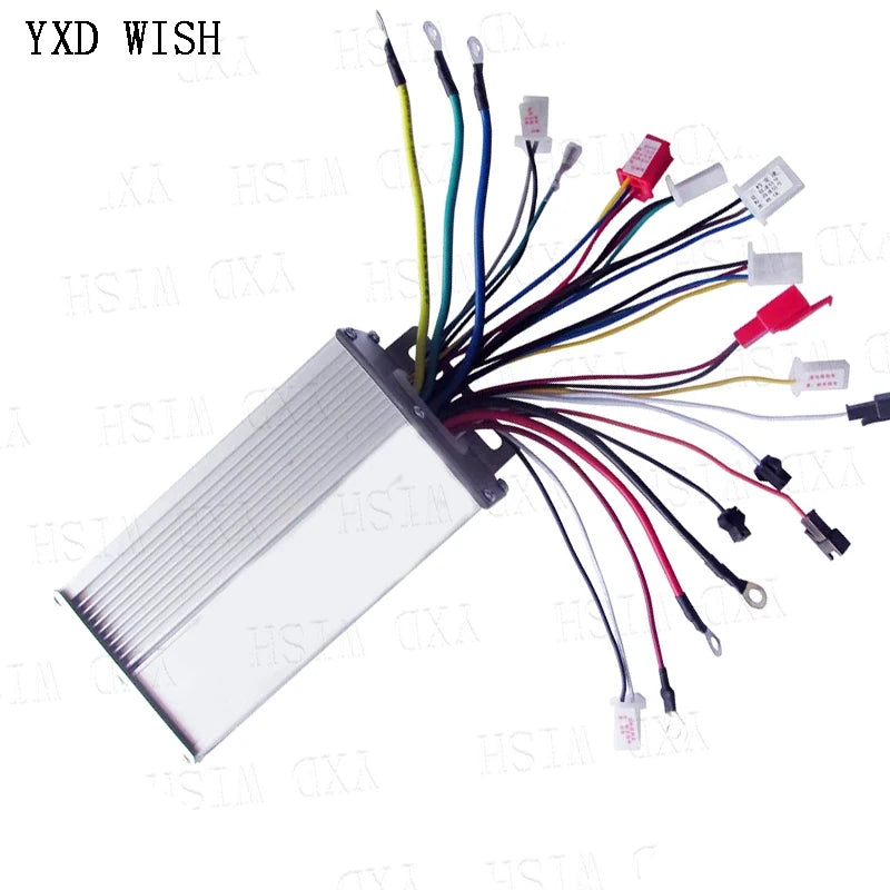 Silver rectangular 350W brushless DC motor controller with numerous multi-colored wires and connectors.