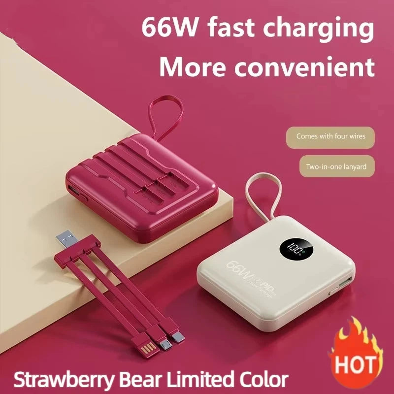 Magenta and white 50,000mAh portable power banks with built-in charging cables and digital battery display.