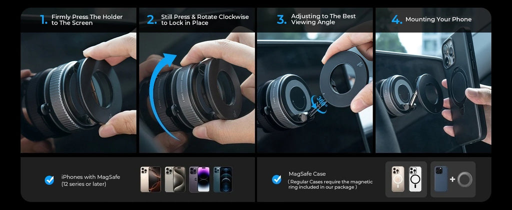 Four-step instructional graphic showing how to attach a black circular magnetic car phone mount to a screen.