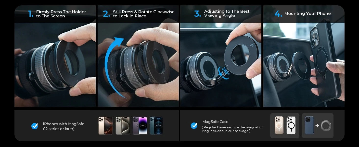 Four-step instructional graphic showing how to attach a black circular magnetic car phone mount to a screen.