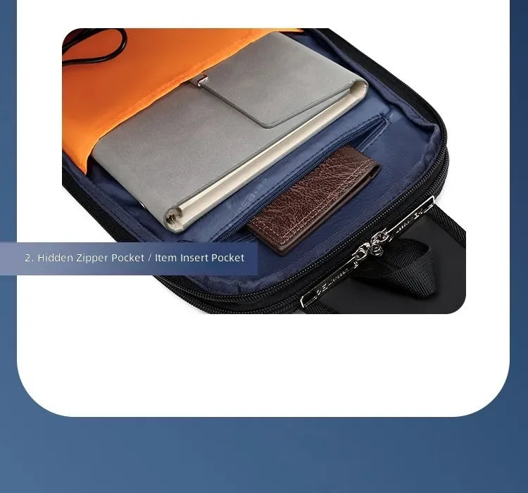 Interior of a black travel sling bag showing an orange slip pocket, blue lining, zip compartment, and item organiser.