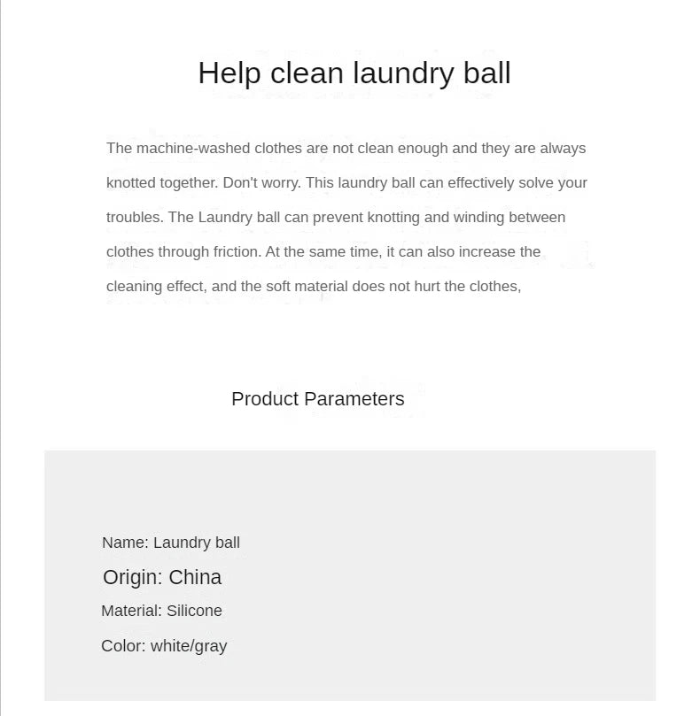 Product information sheet for a soft, white and gray silicone laundry ball designed to prevent clothes from knotting.