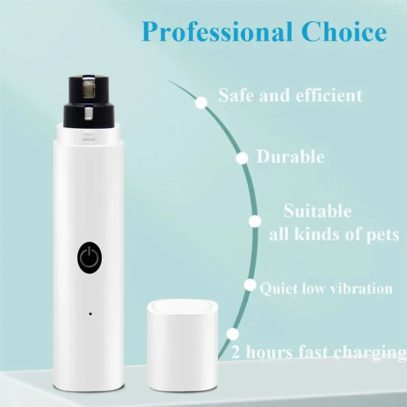 White, rechargeable electric pet nail grinder with a black grinding head, power button and detachable cap.