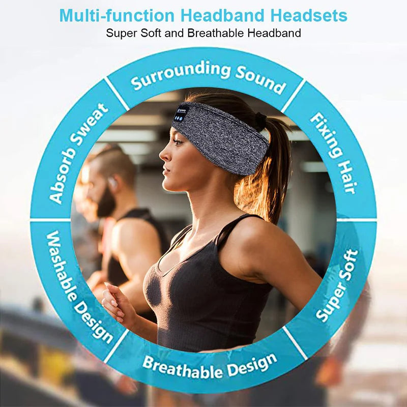A woman running wearing a soft, grey marl Bluetooth music headband with integrated controls.