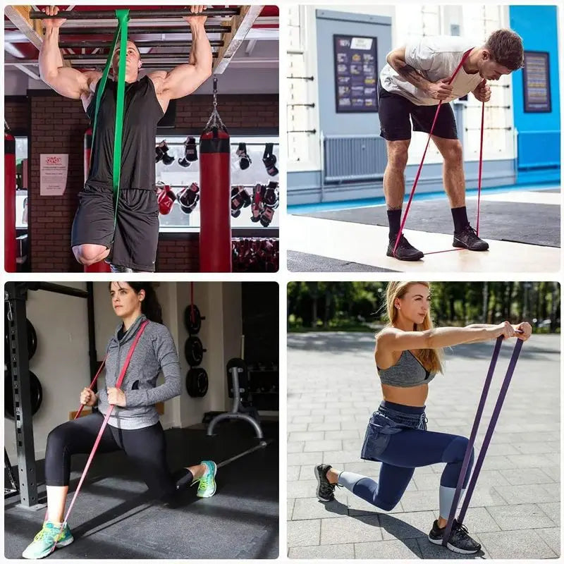 Four people performing resistance exercises with heavy-duty, multicoloured loop bands in green, red, and purple.
