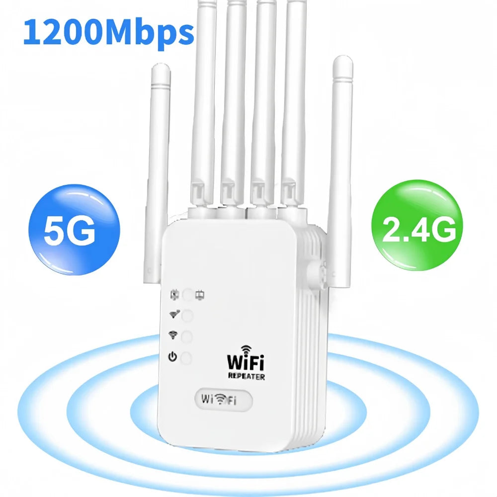 White 1200Mbps dual-band WiFi repeater with four external antennas, LED status lights, and signal range indicators.
