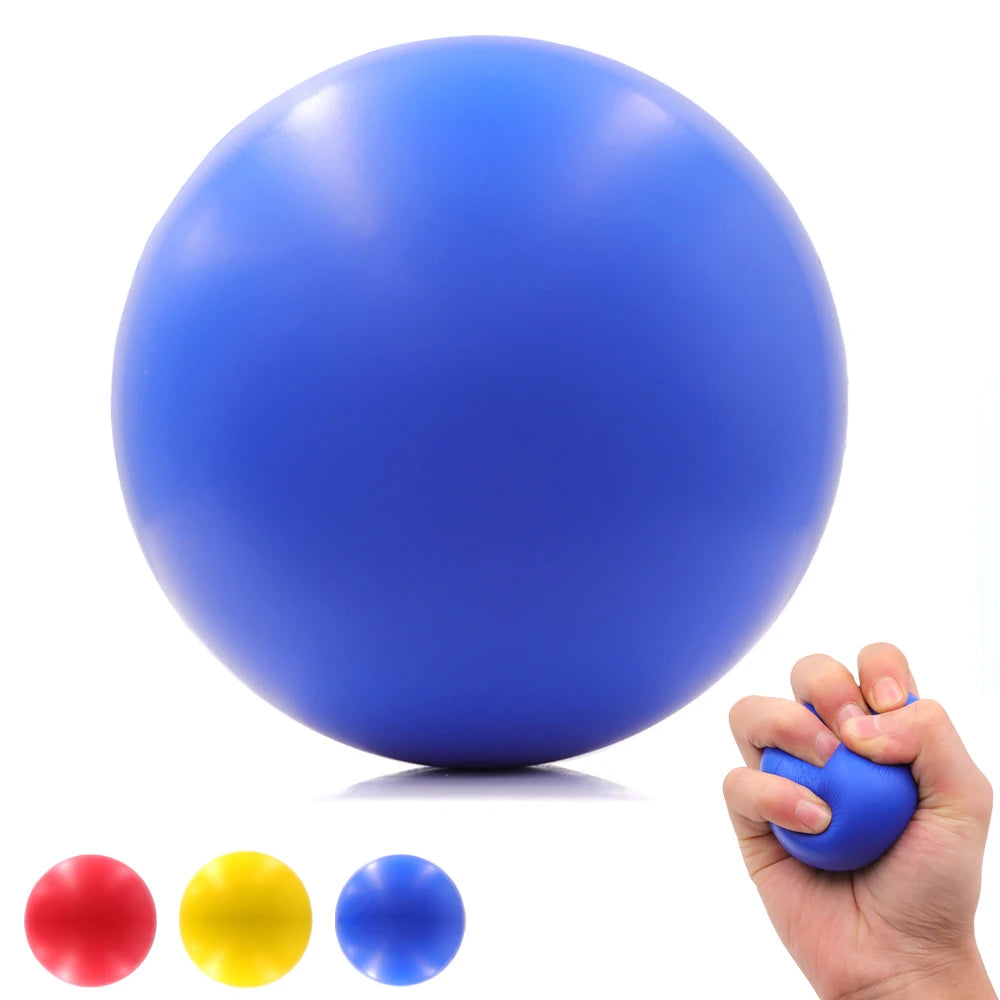 A hand squeezing a smooth, bright blue stress relief ball, with red, yellow, and blue options shown below.