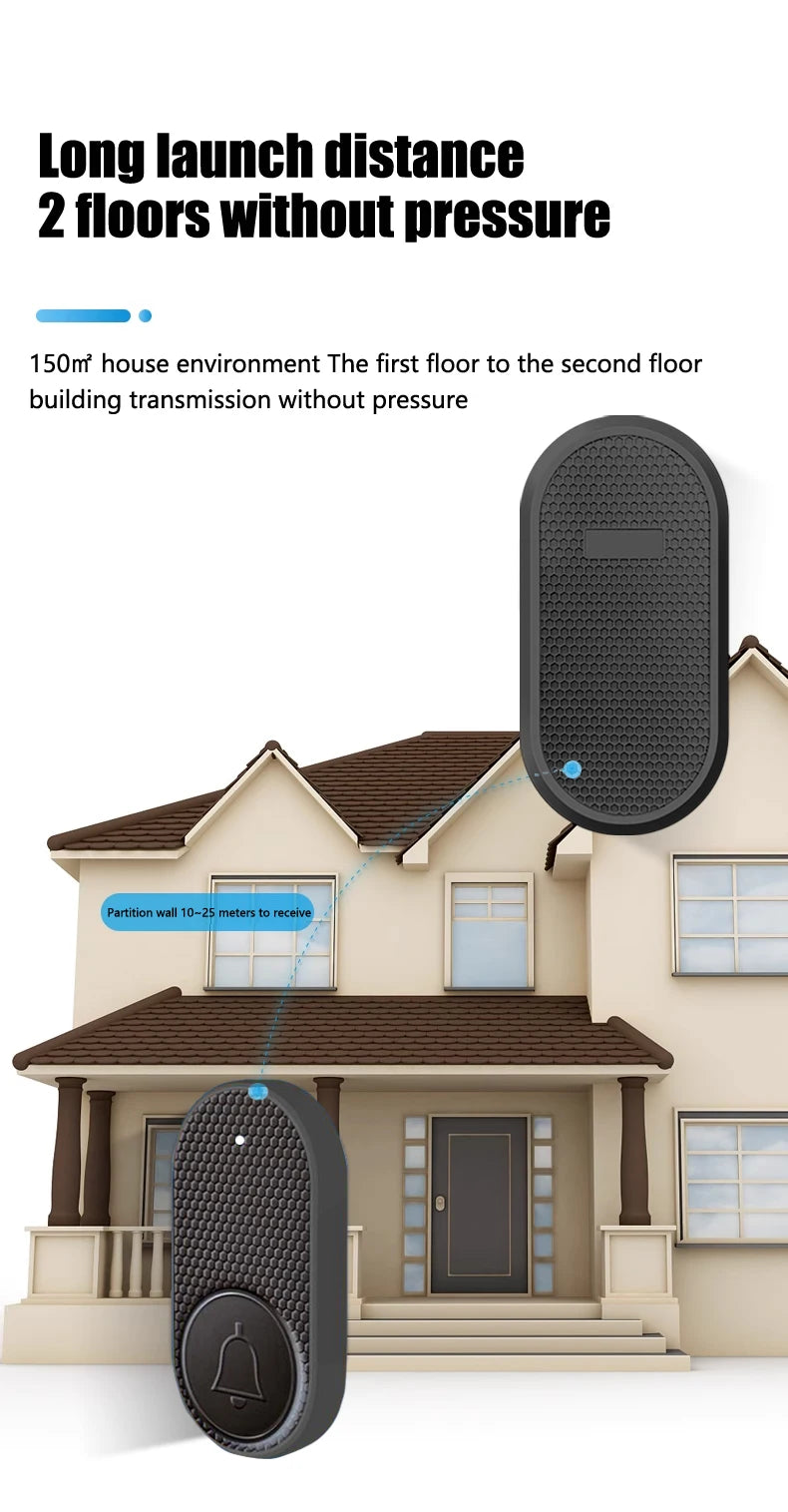 Black, oval wireless doorbell with a textured honeycomb surface, featuring a 32-chime long-range transmission system.