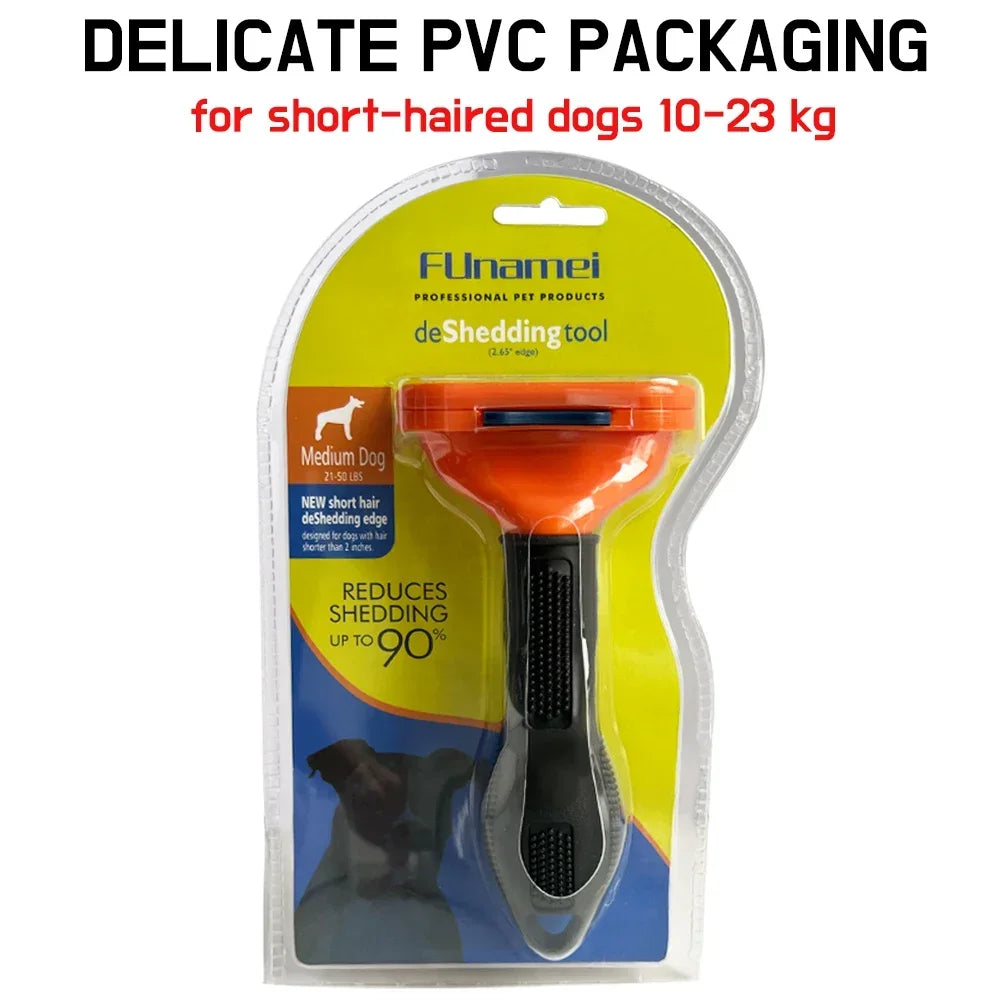 Funamei orange and black de-shedding tool for medium, short-haired dogs in clear plastic blister packaging.