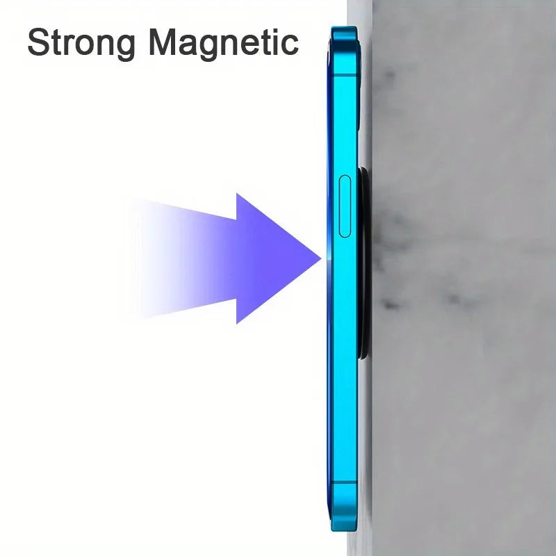 Side view of a bright blue smartphone magnetically attached to a grey marble surface. Text reads: Strong Magnetic.