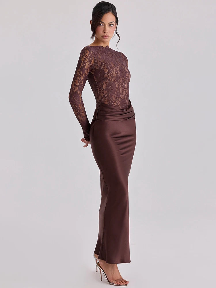 Model wearing a dark brown long-sleeve lace top and a satin ruched mermaid maxi skirt.