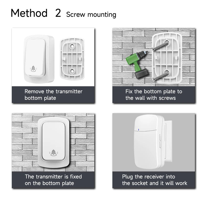Four-step guide showing how to screw-mount a white wireless doorbell transmitter and plug in the wall receiver.