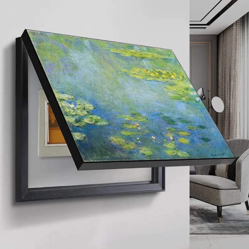 Hinged decorative wall art cover featuring a Monet water lily print in blue and green, concealing a wall meter box.