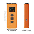 Orange rechargeable dog training device with digital display, control buttons, LED strobe, and size dimensions.