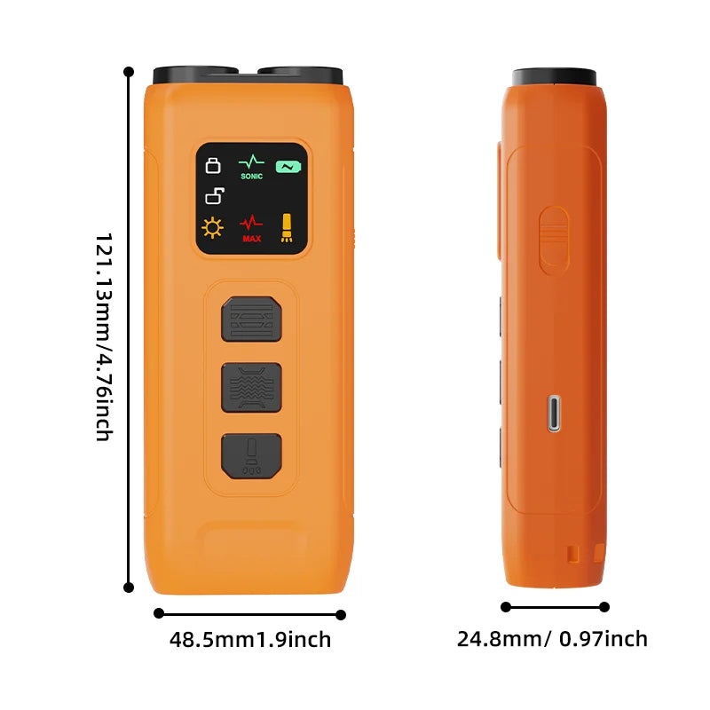 Orange rechargeable dog training device with digital display, control buttons, LED strobe, and size dimensions.