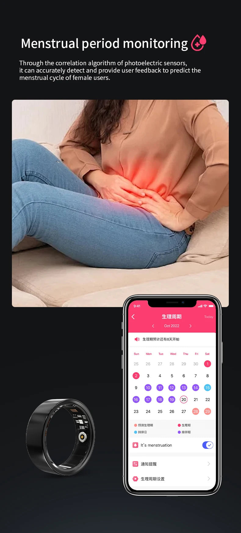 Sleek black waterproof smart health ring next to a smartphone app showing a menstrual cycle calendar.