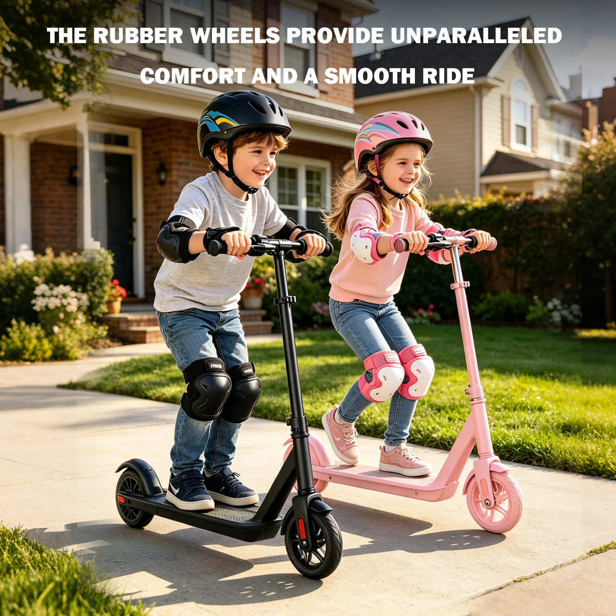 Two kids riding black and pink AOVOPRO foldable electric scooters outdoors on a sunny day.