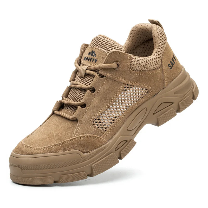 Brown suede work shoe with breathable mesh panels, laces, and thick treaded sole.