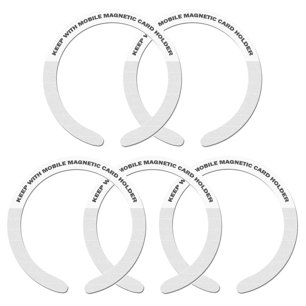 Five white, crescent-shaped mobile magnetic card holders arranged in a grid with printed text.