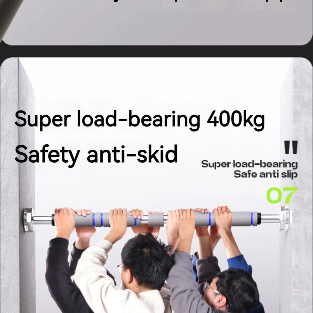 Silver and grey adjustable door pull-up bar with blue accents, held by multiple people to show load-bearing strength.