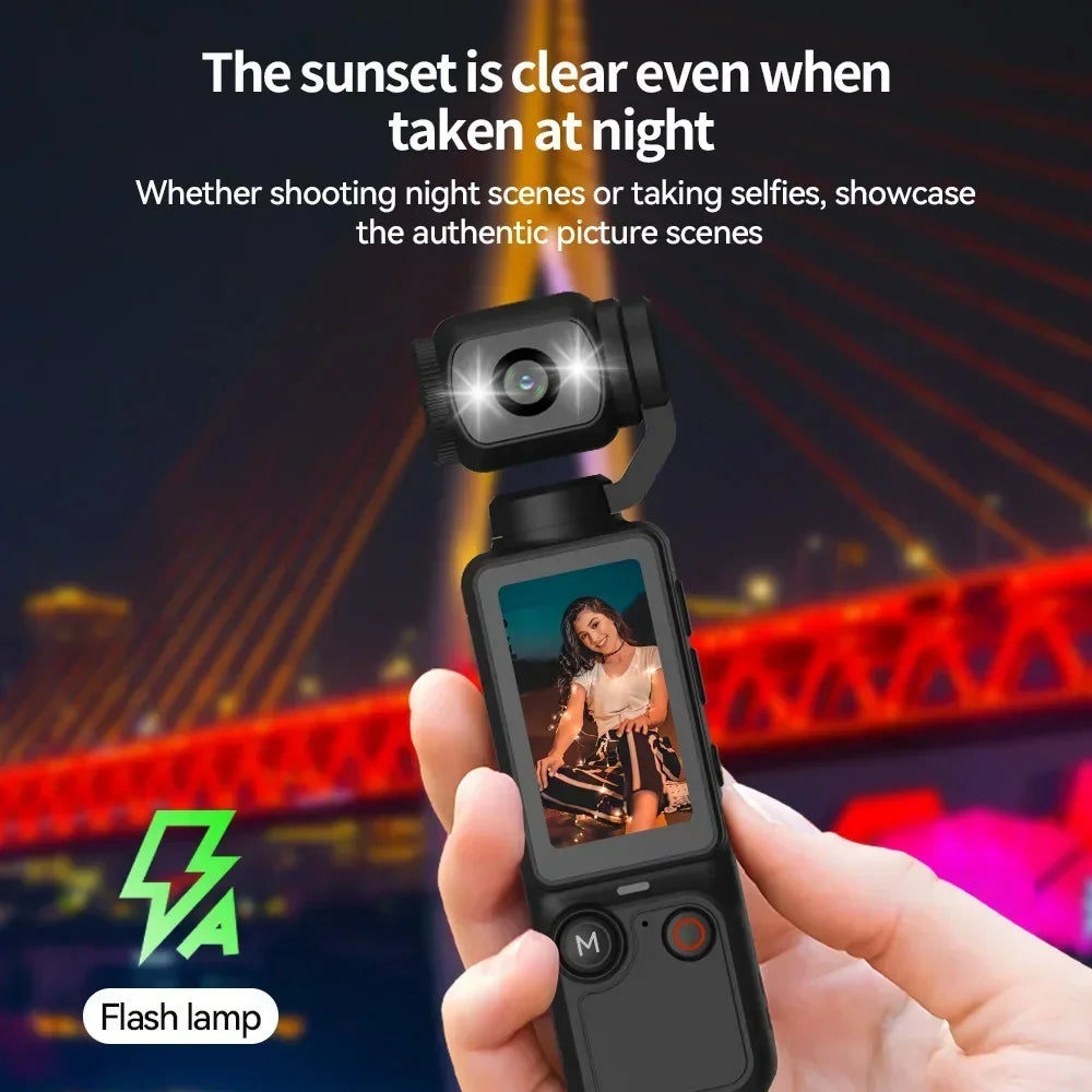 Black plastic handheld gimbal camera with a vertical screen, control buttons, and an integrated LED flash lamp.