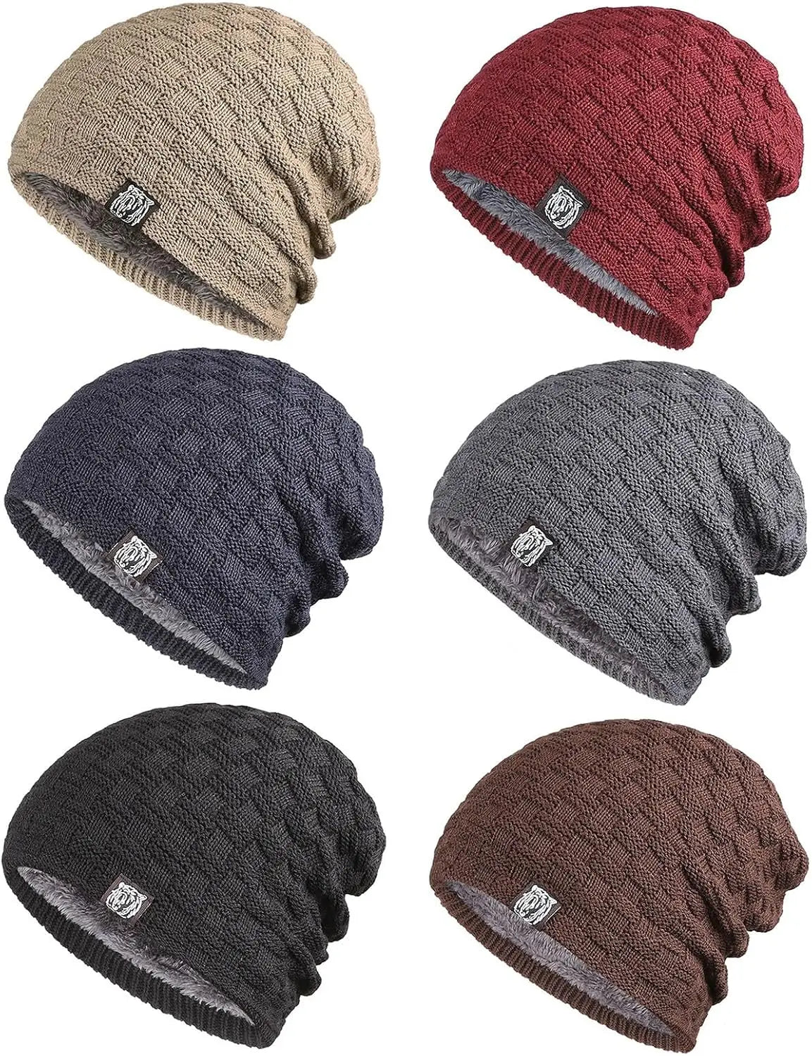 Set of six slouchy unisex winter beanies with basket-weave knit patterns and warm plush lining in various colours.