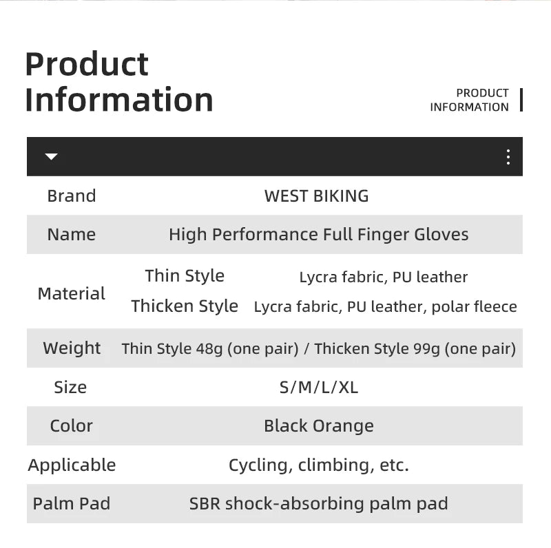 Product information table for West Biking black and orange full-finger cycling gloves featuring SBR palm padding.