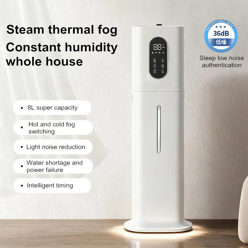 Tall, white 8L smart ultrasonic humidifier with digital display, hot and cold mist modes, and quiet operation.