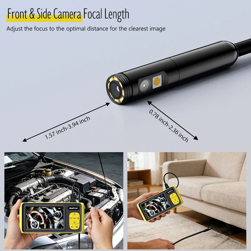 Waterproof endoscope camera with dual-lens probe, showing focal lengths and a handheld monitor in use.