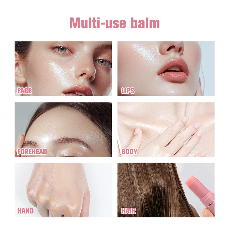Pink multi-use balm stick showing application on face, lips, forehead, body, hands, and hair for a dewy, glowing look.