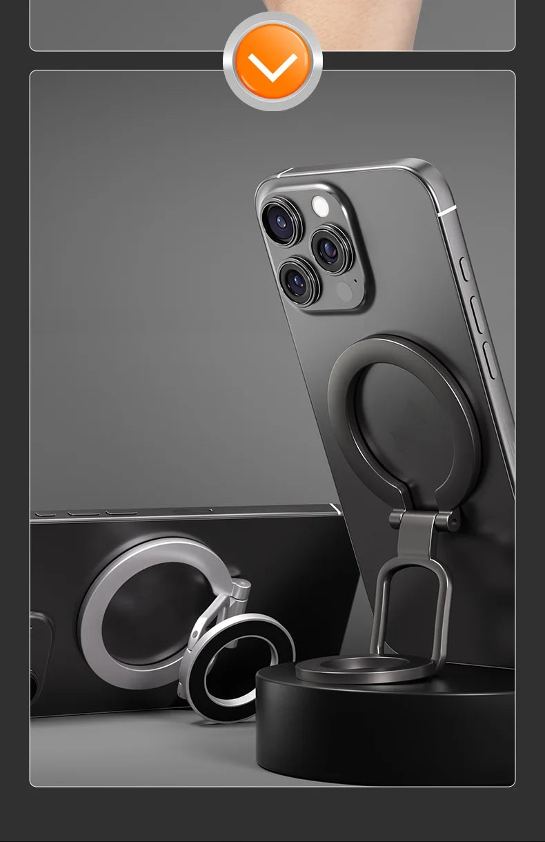Magnetic ring phone stand in matte black, attached to the back of a smartphone to provide a secure grip or kickstand.