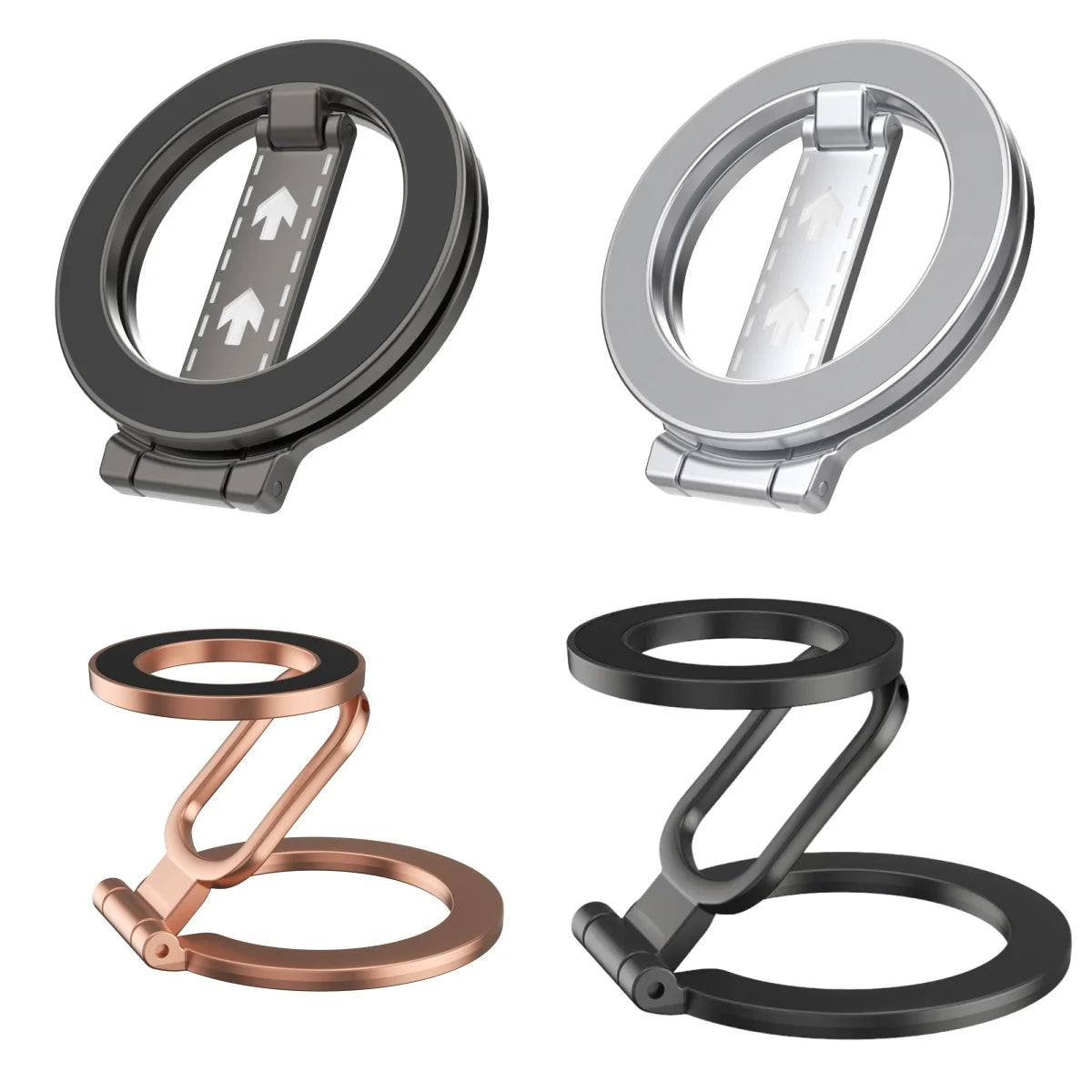 Four metallic, circular phone ring stands in black, silver, and rose gold, shown folded and extended.