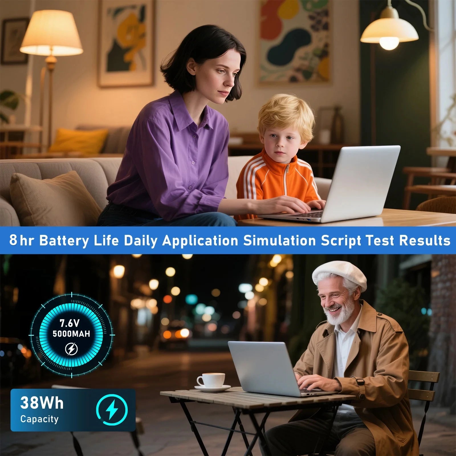 A slim, silver 15.6-inch laptop being used by people in home and outdoor settings, highlighting its 38Wh battery.