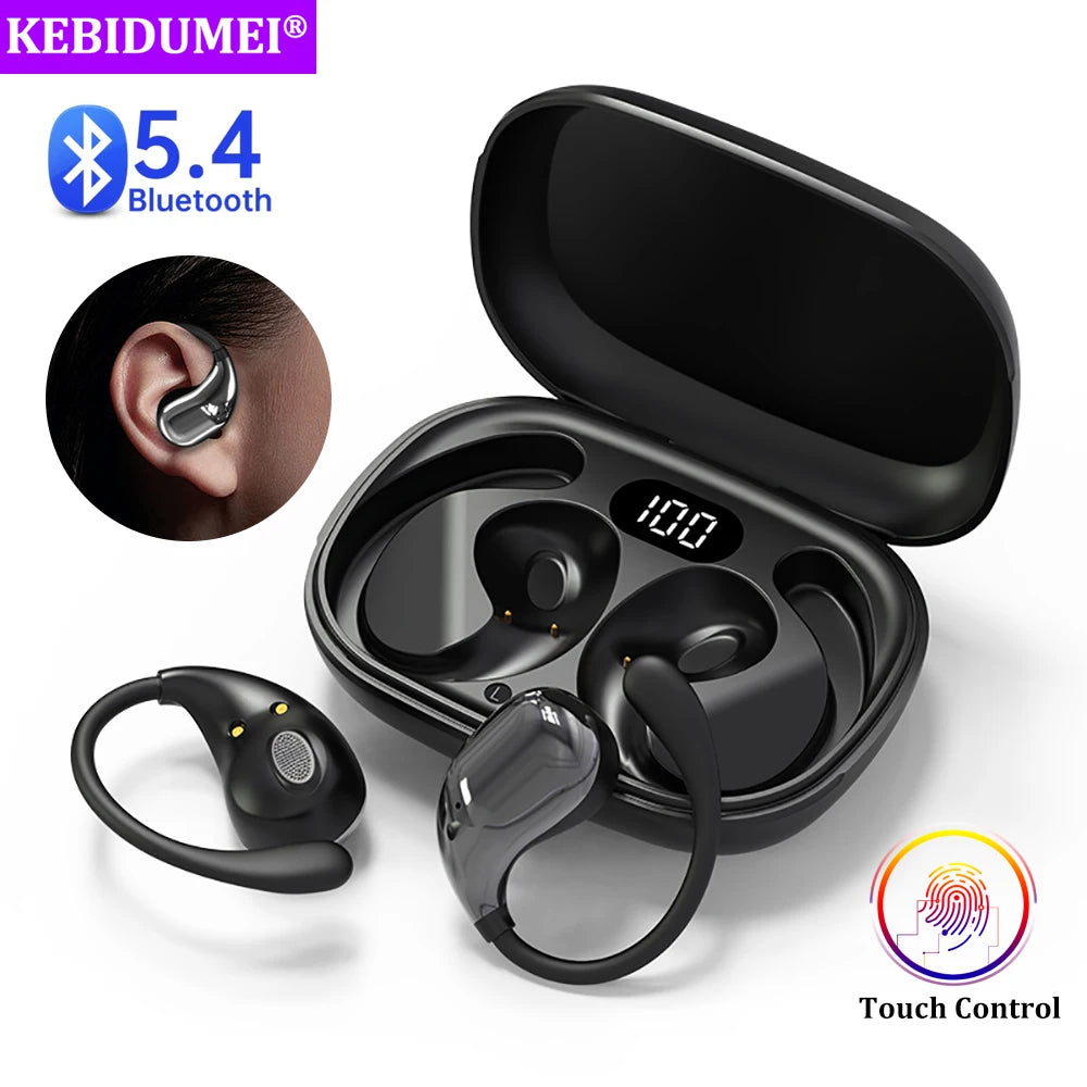 Black wireless earbuds with ear hooks and charging case featuring a digital battery display.