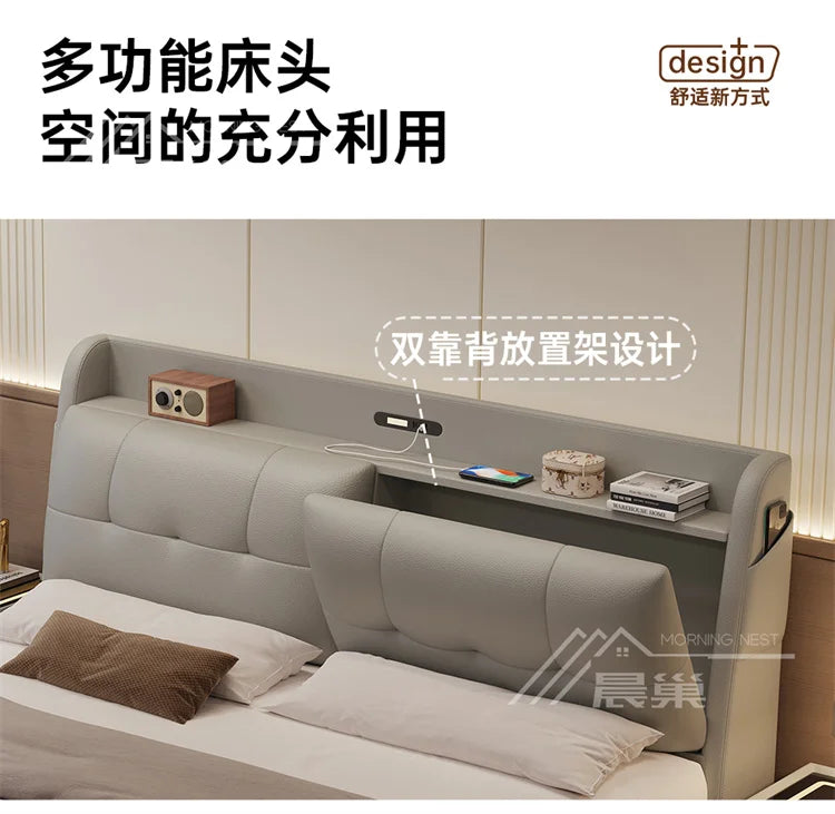 Modern cream upholstered storage bed with a headboard featuring integrated shelving, power points and side pockets.