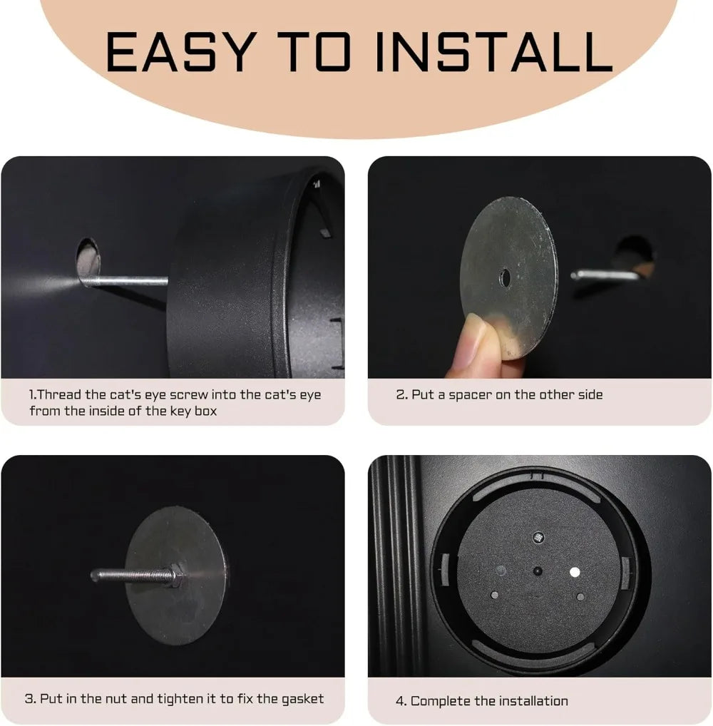 Four-step instructions showing a black metal key box being installed with a metal screw, spacer, and nut.