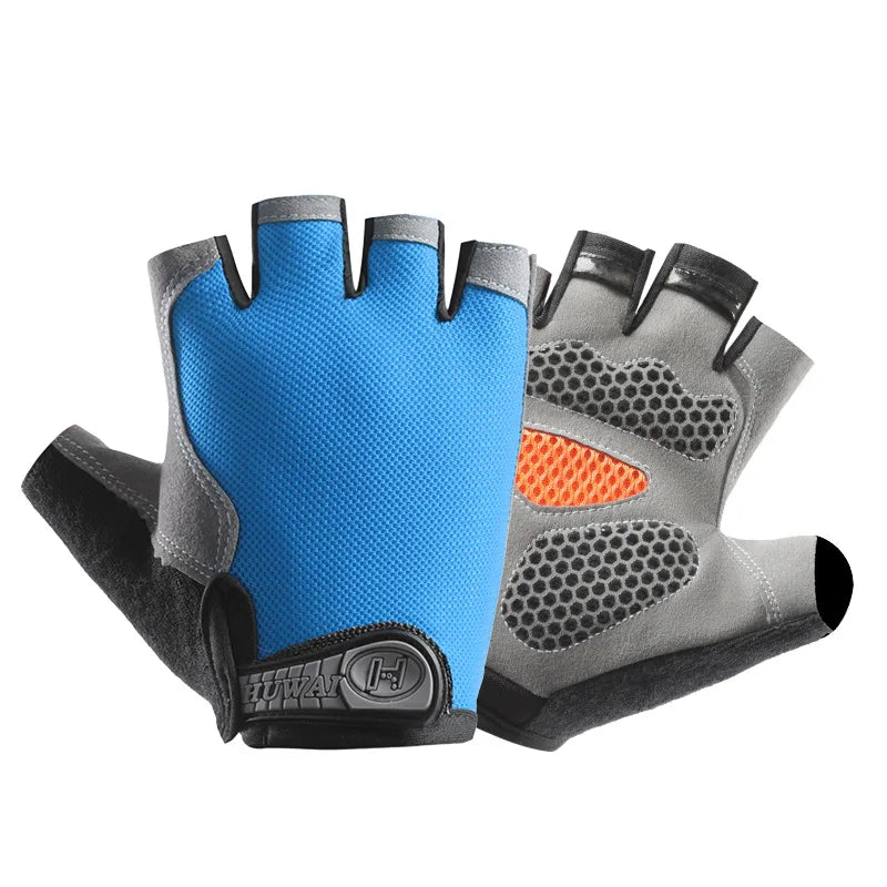 Blue and grey fingerless cycling gloves with a textured palm grip and branded Velcro wrist strap.