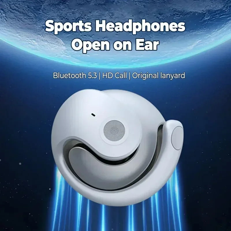 White open-ear sports headphones with a sleek, circular, modern design against a blue space background.