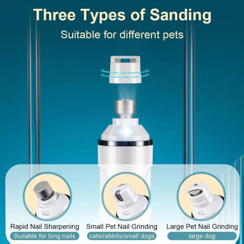 White electric pet nail grinder with an LED light and three interchangeable heads for different nail sizes.