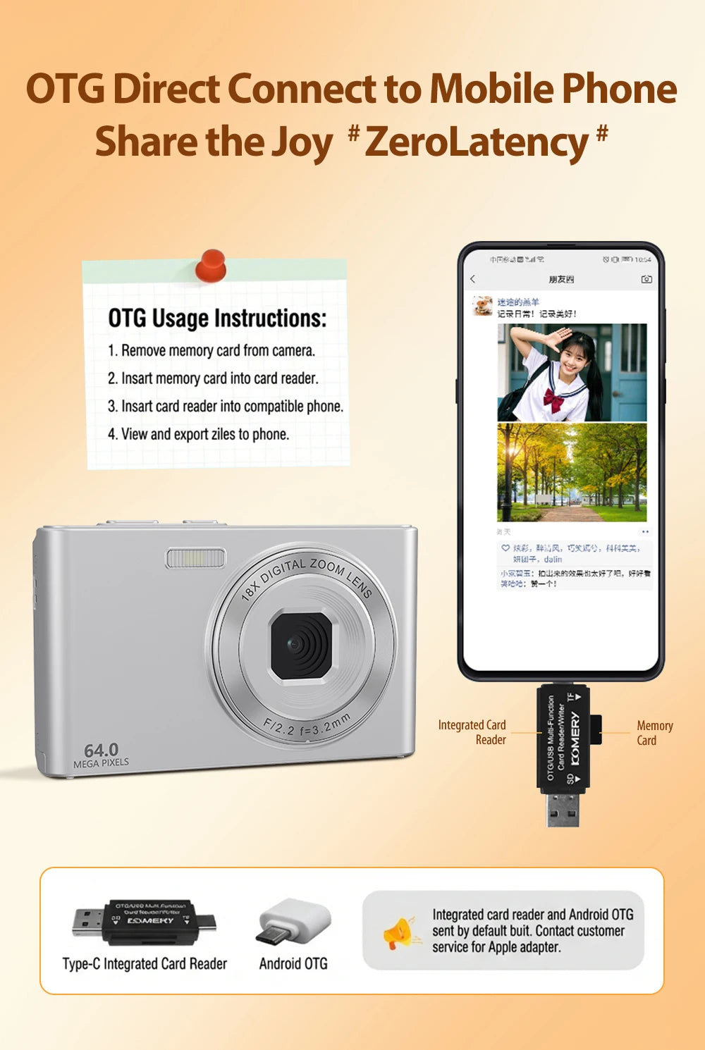 Silver digital camera with 64MP lens and a black plastic USB OTG memory card reader connected to a smartphone.