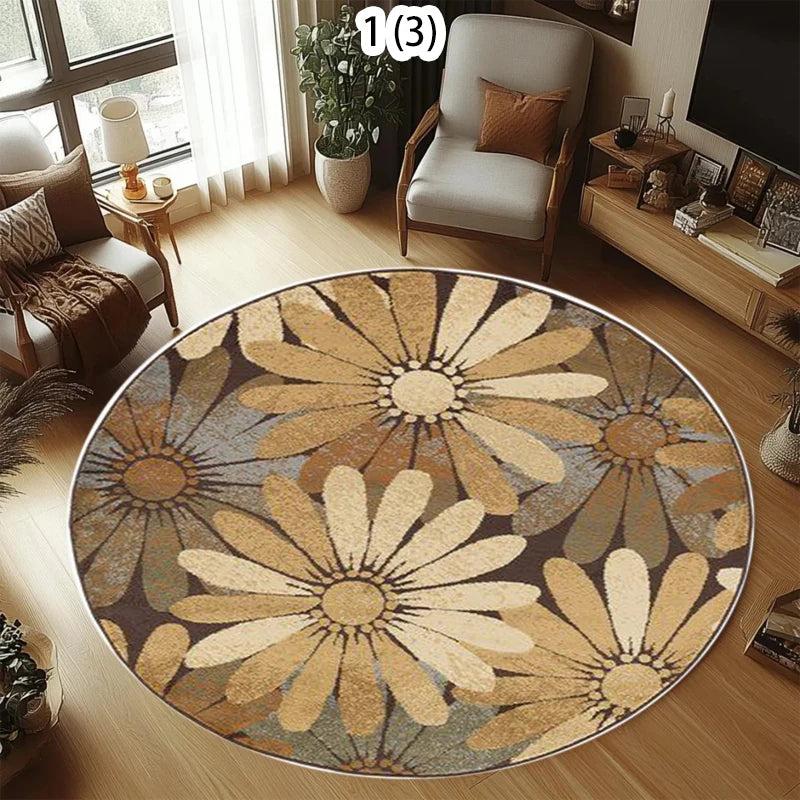 Round rug with a modern, vintage-style floral pattern in muted brown, beige and grey tones on a wooden floor.