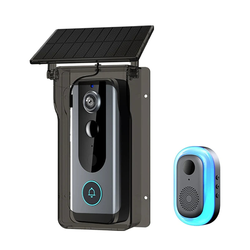 Black smart video doorbell with a solar panel mount, motion sensor camera, and a glowing blue wireless indoor chime.