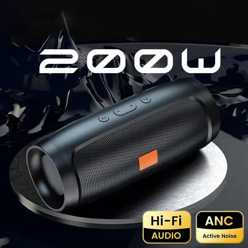 Cylindrical black wireless speaker with a mesh finish, top control buttons, and Hi-Fi audio with active noise cancelling.