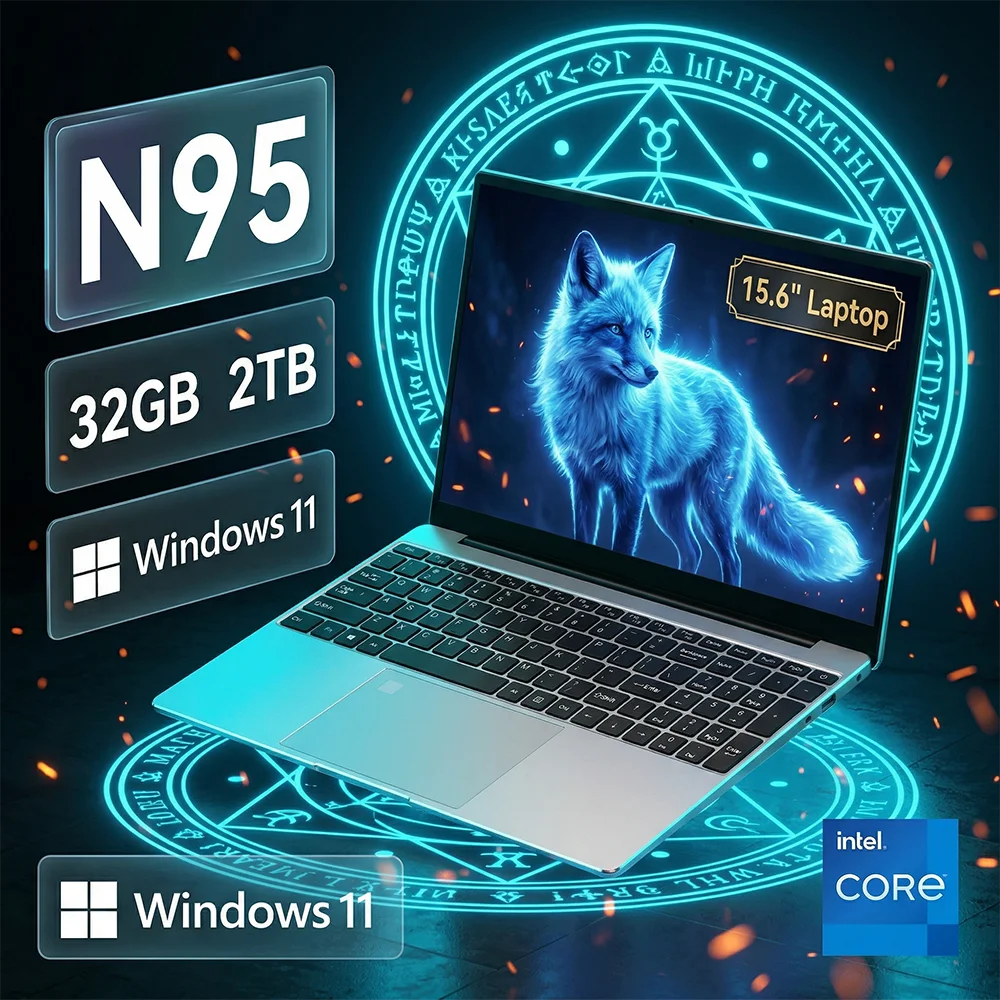 Sleek silver 15.6-inch laptop with a glowing blue fox wallpaper and neon magical circle background. Windows 11.