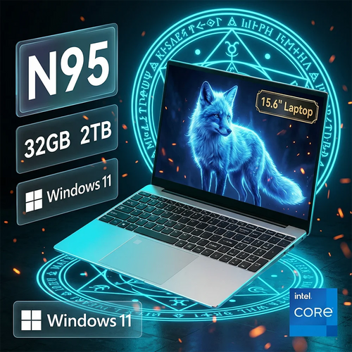 Sleek silver 15.6-inch laptop with a glowing blue fox wallpaper and neon magical circle background. Windows 11.