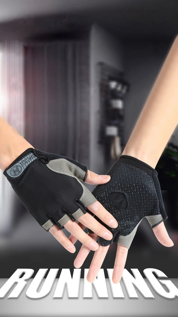 Pair of black and grey fingerless sports gloves, featuring textured palms and a logo-branded wrist strap.
