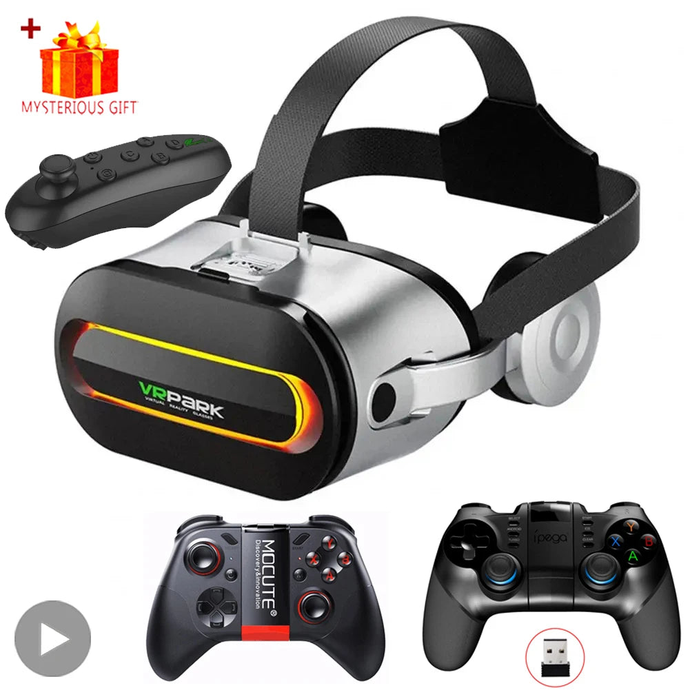 Black and silver VR headset with built-in headphones, top strap, and two controllers included.