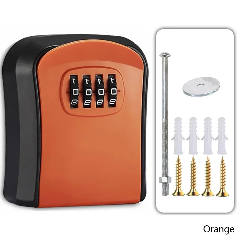 Orange and black metal key lock box with a 4-digit combination dial, including mounting hardware and wall anchors.