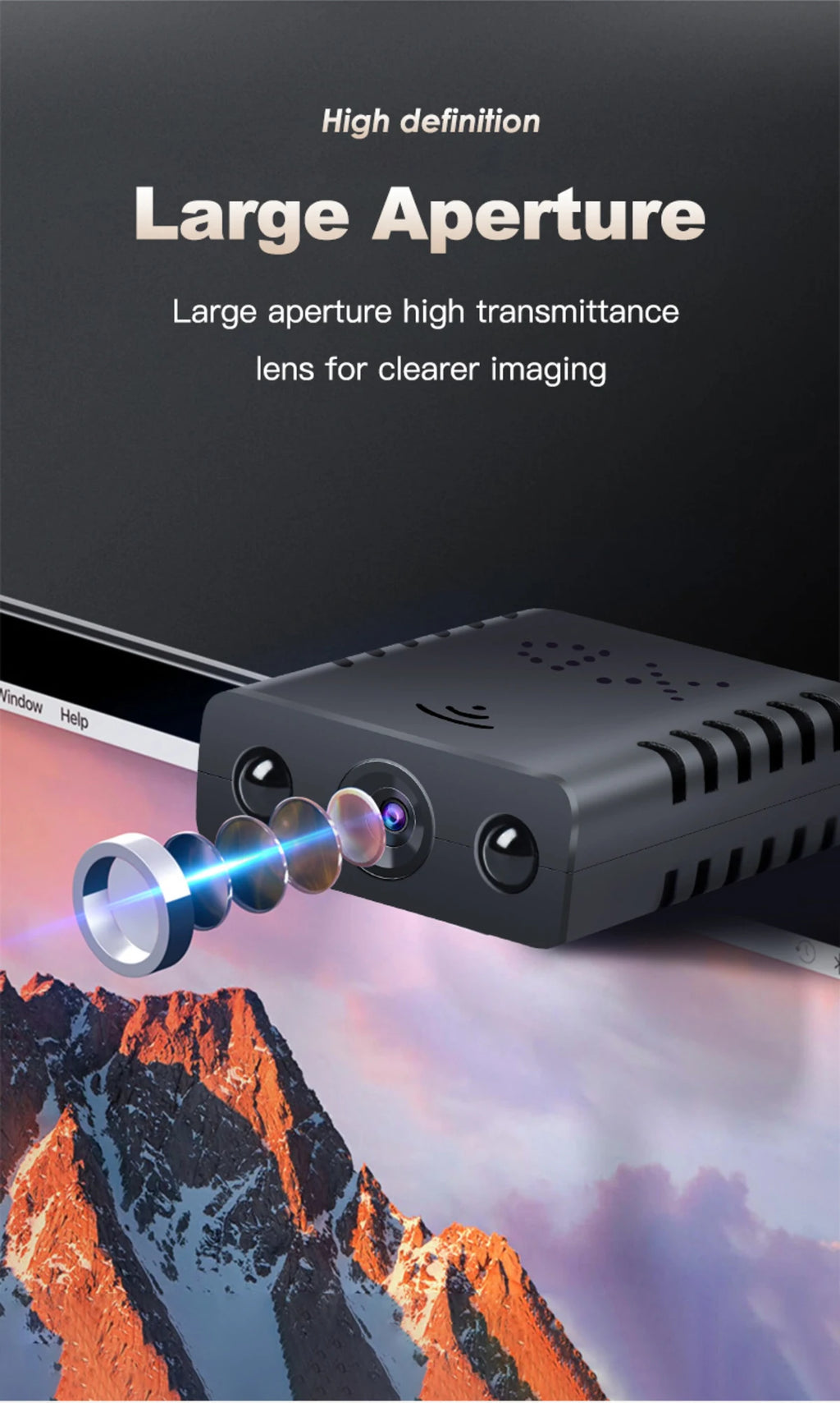 Black plastic camera device with a multiple-lens system detached to show internal optical layers.